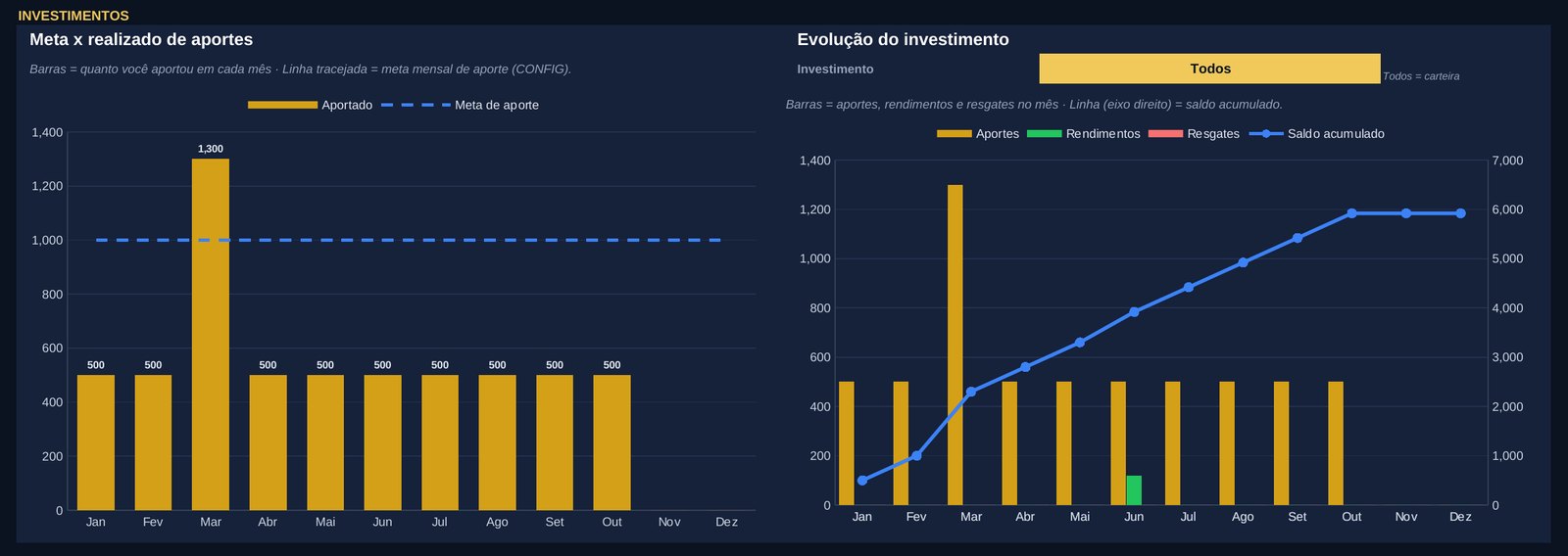 Gráficos de meta x realizado de aportes e evolução do investimento